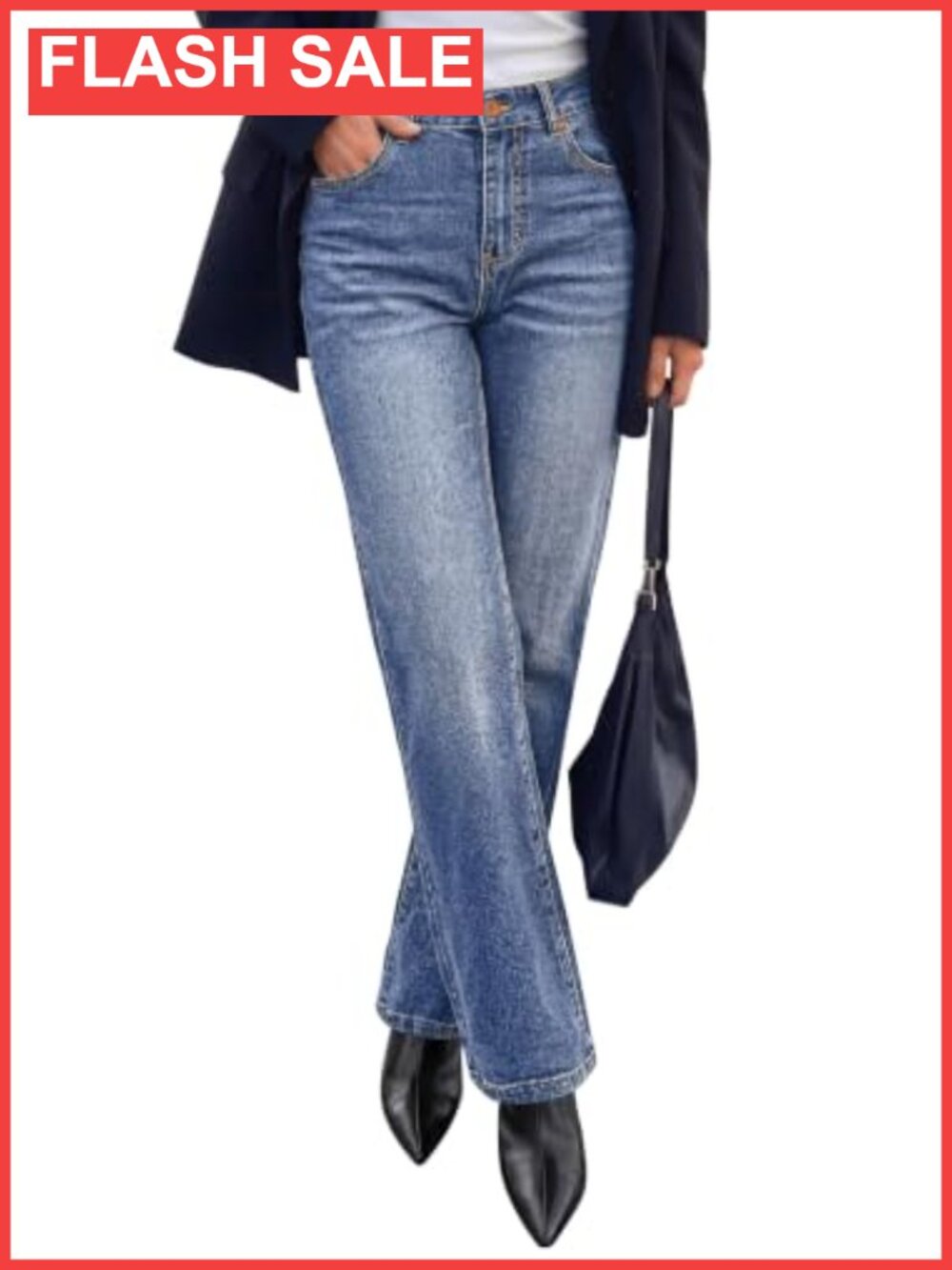 Womens High Waisted Straight Leg Stretch Jeans Relaxed Fit Wide Leg Denim